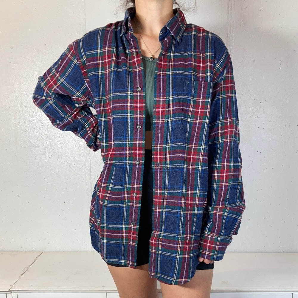 Classic 90s Blue + Red + Green Plaid Flannel Long Sleeve Button Down Shirt